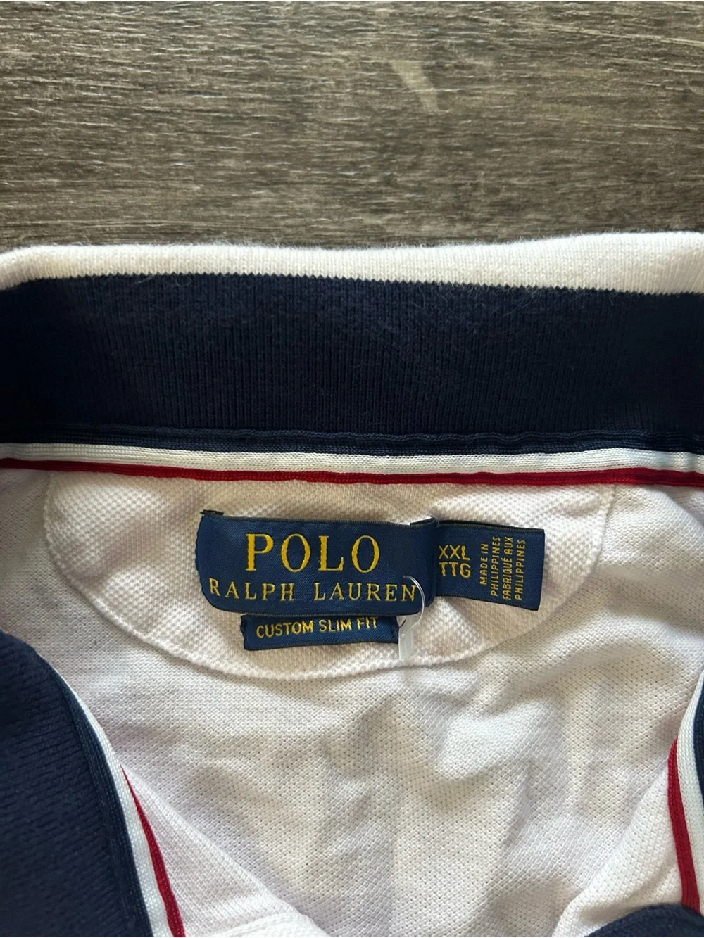Ralph Lauren White Polo with Navy and Red Sleeve Accents